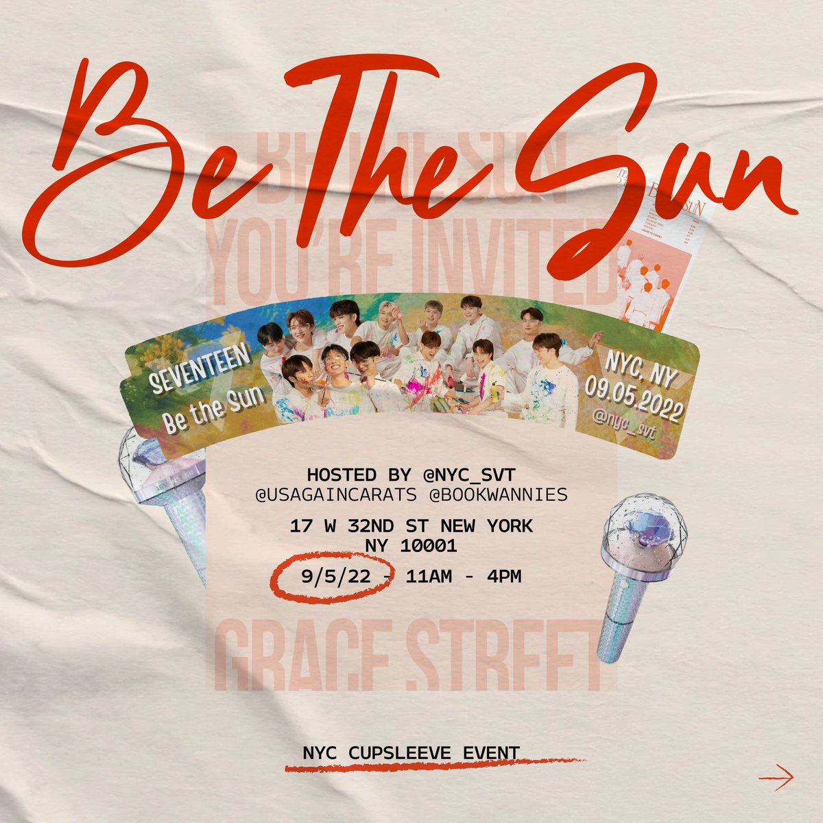 usagaincarats's tweet photo. Hi Carats! 
@nyc_svt @bookwannies and I will have a #SEVENTEEN #bethesun cup sleeve event at Grace Street Cafe on 9/5.
#세븐틴 @pledis_17 https://t.co/slPKlY5z6h