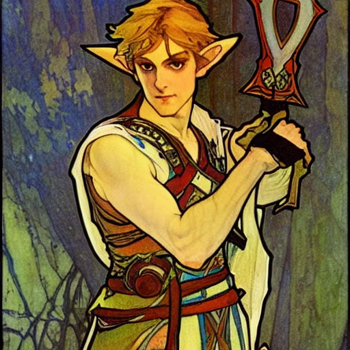 AIにミュシャっぽい画風で「ゼルダの伝説」のイメージイラストをお願いした結果。すごいな…1枚目とか服の感じまでトワプリンクじゃん…#dreamstudio 