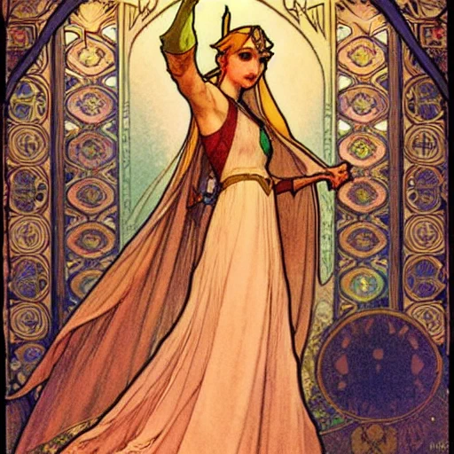 AIにミュシャっぽい画風で「ゼルダの伝説」のイメージイラストをお願いした結果。すごいな…1枚目とか服の感じまでトワプリンクじゃん…#dreamstudio 