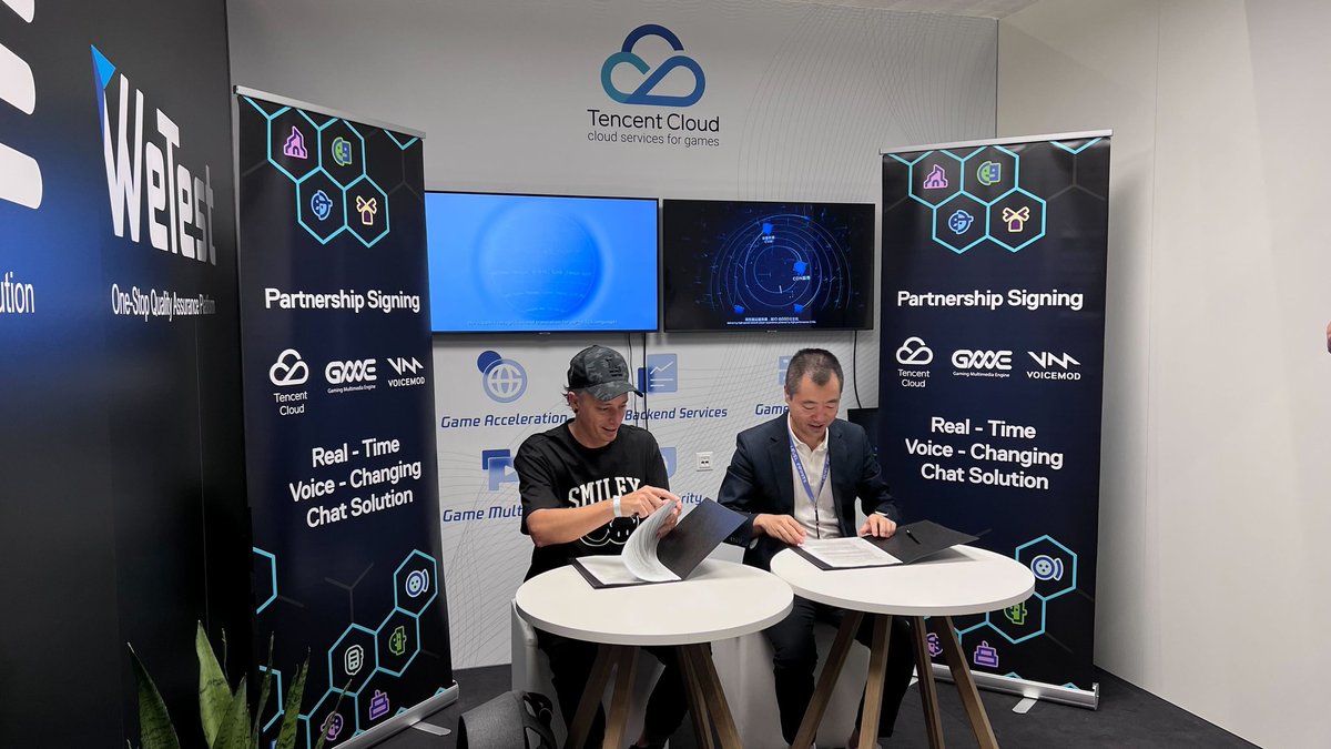 We're honored to take our partnership with <a href="/TencentGlobal/">Tencent 腾讯</a> to the next level.
Now all <a href="/tencentcloud/">Tencent Cloud</a> developers can implement Voicemod's real-time voice-changing chat solution.

This photo from today shows Leo Li Shiwei and @alex_bordanova making it official at #gamescom2022: