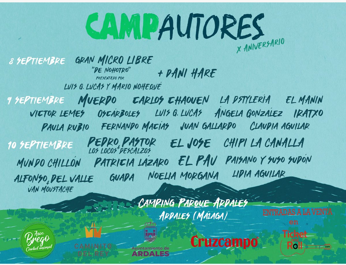 A veces nos olvidamos que tenemos Twitter, así que algo más tarde pero aquí os dejamos el cartel completo por días para nuestro X Aniversario! En plena naturaleza y solo para 450 afortunados! 
Entradas:  ticketandroll.com/evento/campaut…