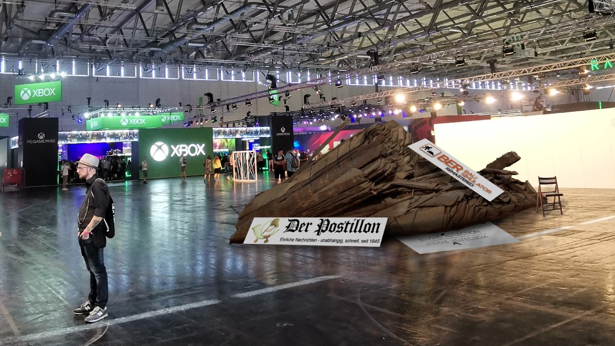 Der_Postillon's tweet photo. Liebe #Gamescom -Besucher: Leider müssen wir euch mitteilen, dass der von uns groß angekündigte Stand für den BER Bausimulator in Halle 8 nicht rechtzeitig fertig wird. Falsch dimensionierte Holzbalken, Druckfehler auf Plakaten, die Mängelliste ist lang … https://t.co/bHRfkfi2z7