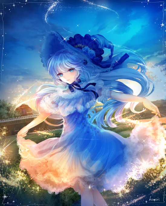 「 花火と踊る魔女 」夏の夕暮れ、魔法の花火と踊る魔女の女の子イラストです。#イラスト  #イラスト王国#みんなで楽しむTwitter展覧会 