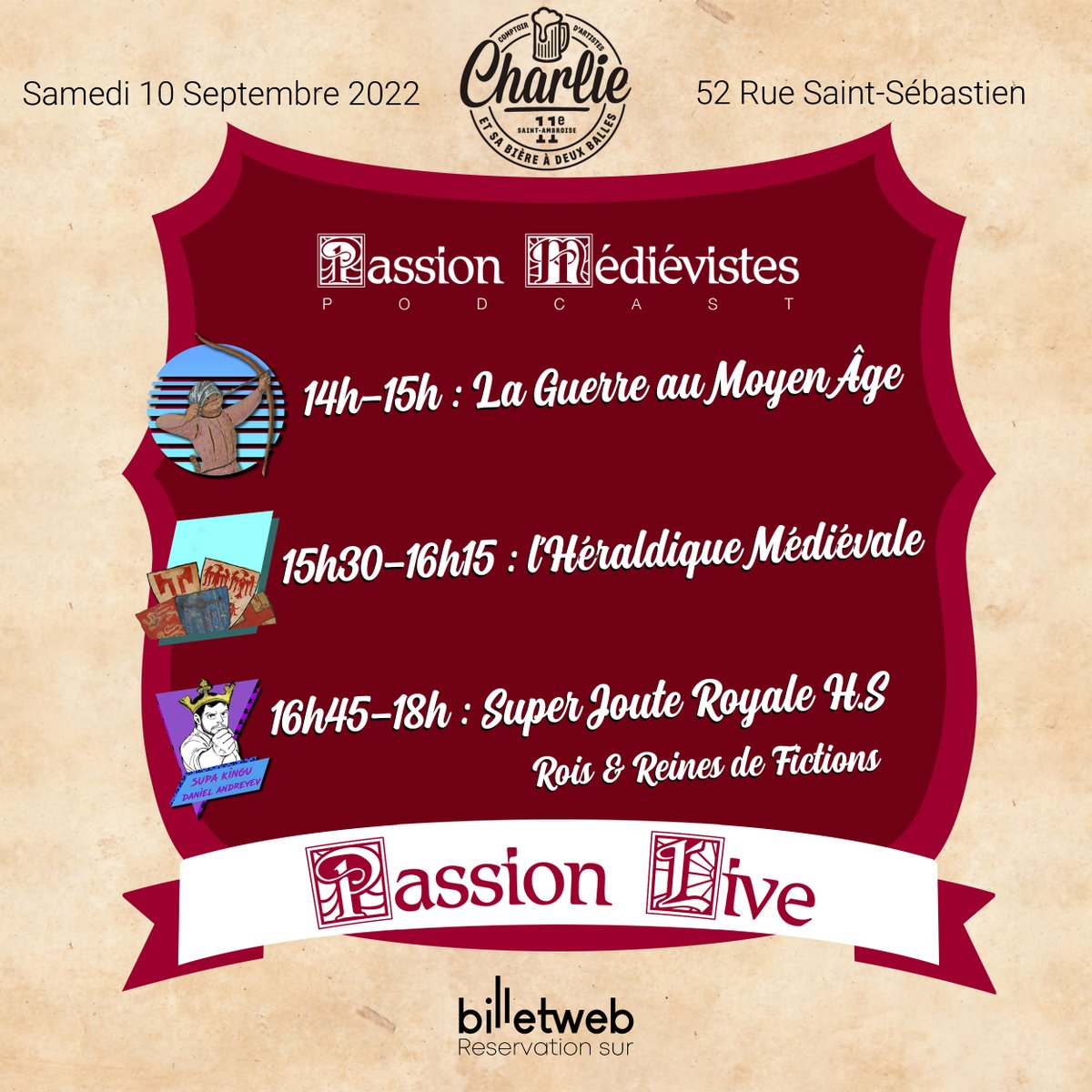 🎉 ANNONCE 🎉

Le samedi 10/09 à Paris je vous propose 3 tables-rondes sur le Moyen Âge, des enregistrements en live au bar Charlie et sa bière à deux balles (52 Rue Saint-Sébastien, métro Saint Ambroise) ! 

Je vous mets les détails dans les tweets suivants ⬇