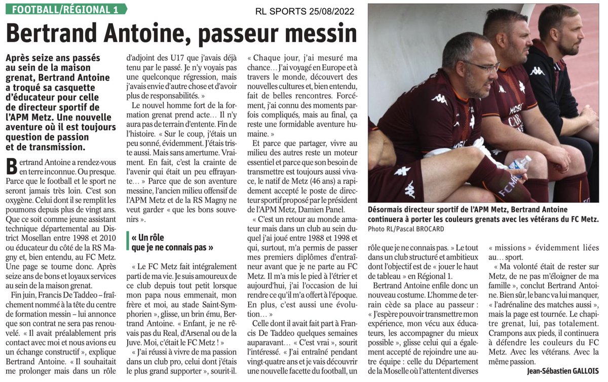 CoachBA57's tweet photo. Merci @RLgallois pour la qualité de tes écrits et du ton de l’article paru dans l’édition @sports_rl… retraçant 24 années passées dans les milieux Amateur, Professionnel et Fédéral du ⚽️ #APMMetz #RSMagny #FcMetz #DMF #CoachBA #DirecteurSportif #AssistantTechniqueDépartemental https://t.co/xdw4LnRM16