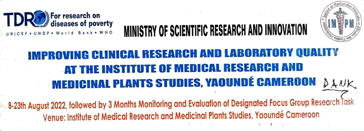 dankaryom's tweet photo. Workshop on “Improving Clinical Research and Laboratory Quality at the Institute of Medical Research and Medicinal Plants Studies, Yaoundé Cameroon”
8-23th August 2022
#TDR_for_research_on_diseases_of_poverty_diseases
#UNICEF
#World
#BANK
#WHO https://t.co/kShsV3nYWq