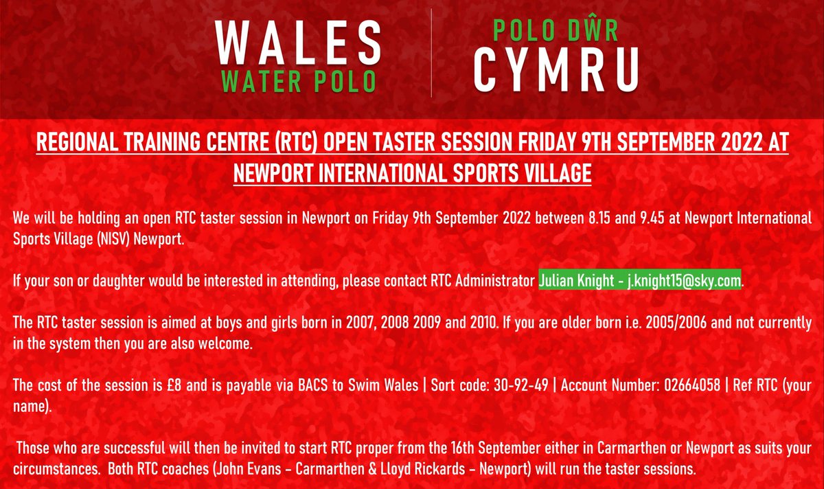 🚨Regional Training Centre (RTC) Open Taster Session | Friday 9th September 2022 at Newport International Sports Village🚨

Contact RTC Administrator Julian Knight for more👇
📧j.knight15@sky.com