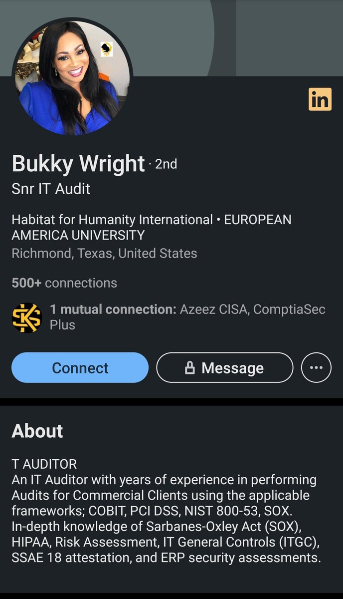 babsonikoyi's tweet image. Many people don't know that Bukky Wright is now an Information Security Auditor in the US. She started at 44, that is since 2011. You need to see the certifications this woman racked up. So proud of her. You can actually start learning new things anytime.