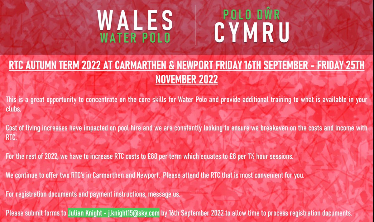 🍁RTC Autumn Term 2022 at Carmarthen &amp; Newport | 16th September - 25th November 2022🍂

For registration forms and payment instructions, message us📝

To submit forms and for any other enquiries, email Julian Knight👇
📧j.knight15@sky.com
