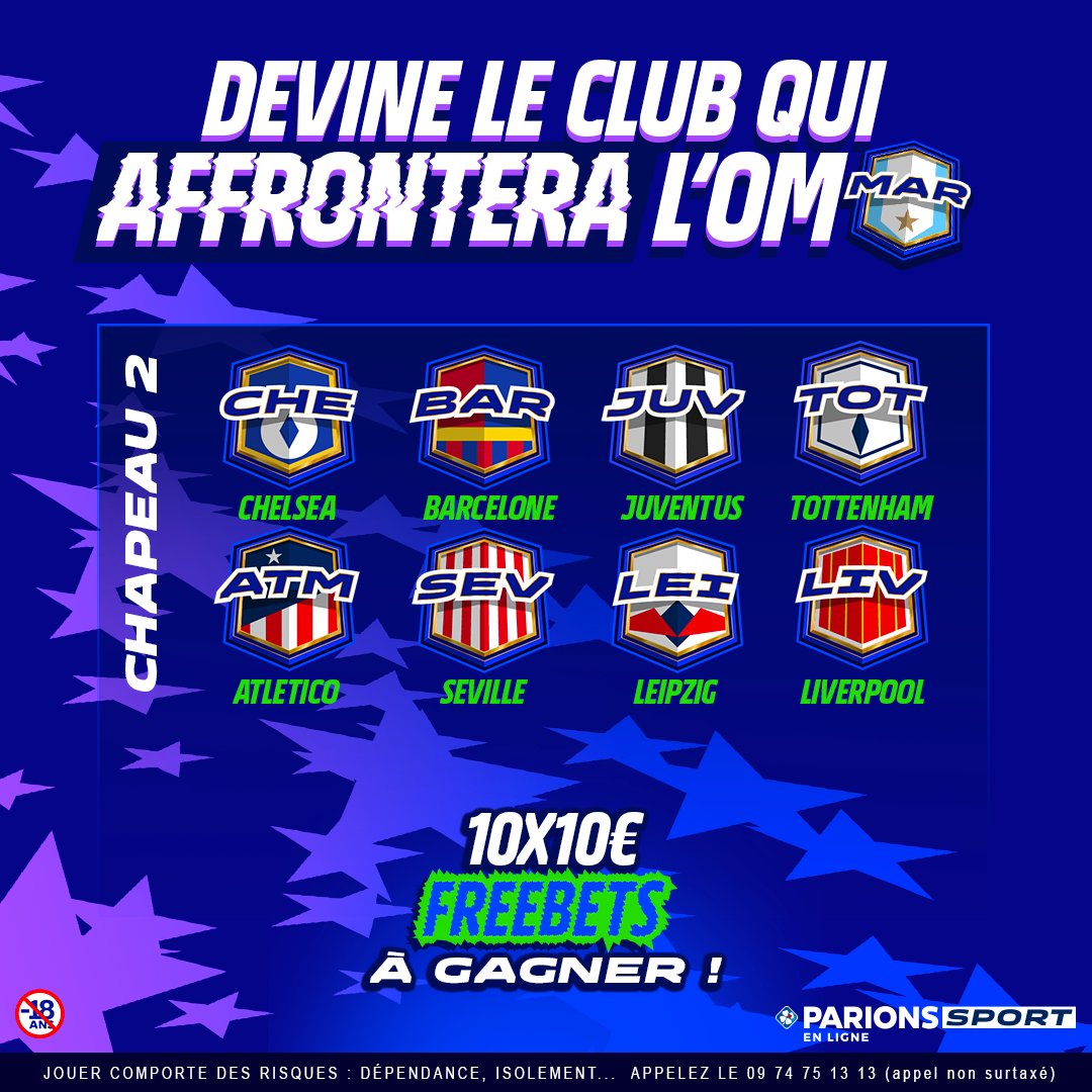 ParionsSport's tweet photo. 🔵⚪️  L'OM va devoir affronter gros club du chapeau 2. Tu verrais lequel venir à l'Orange Vélodrome ? 

10x10€ si tu trouves quel club du chapeau 2 tombera dans le groupe de l'OM en LDC ! 🤩

Pour jouer : 
1️⃣ RT + Follow @parionssport
2️⃣ Répondez avec le club + #ParionsSportxOM https://t.co/iEsJrsmNSX