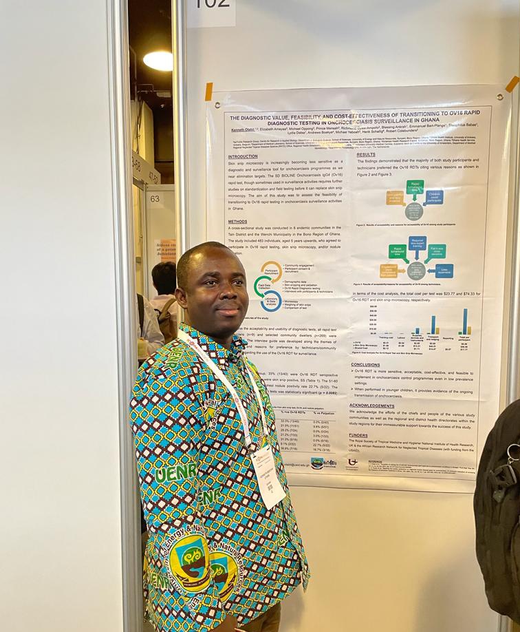 netrodis's tweet photo. Representing @uenrofficial , our group lead @ekowkenny is presenting a poster of work on onchocerciasis from our @netrodis at #CeRAB @ICOPAnhagen. Check us out at poster board #102 @ICOPAnhagen at the Bella Center in Denmark. https://t.co/g74QtakaRr