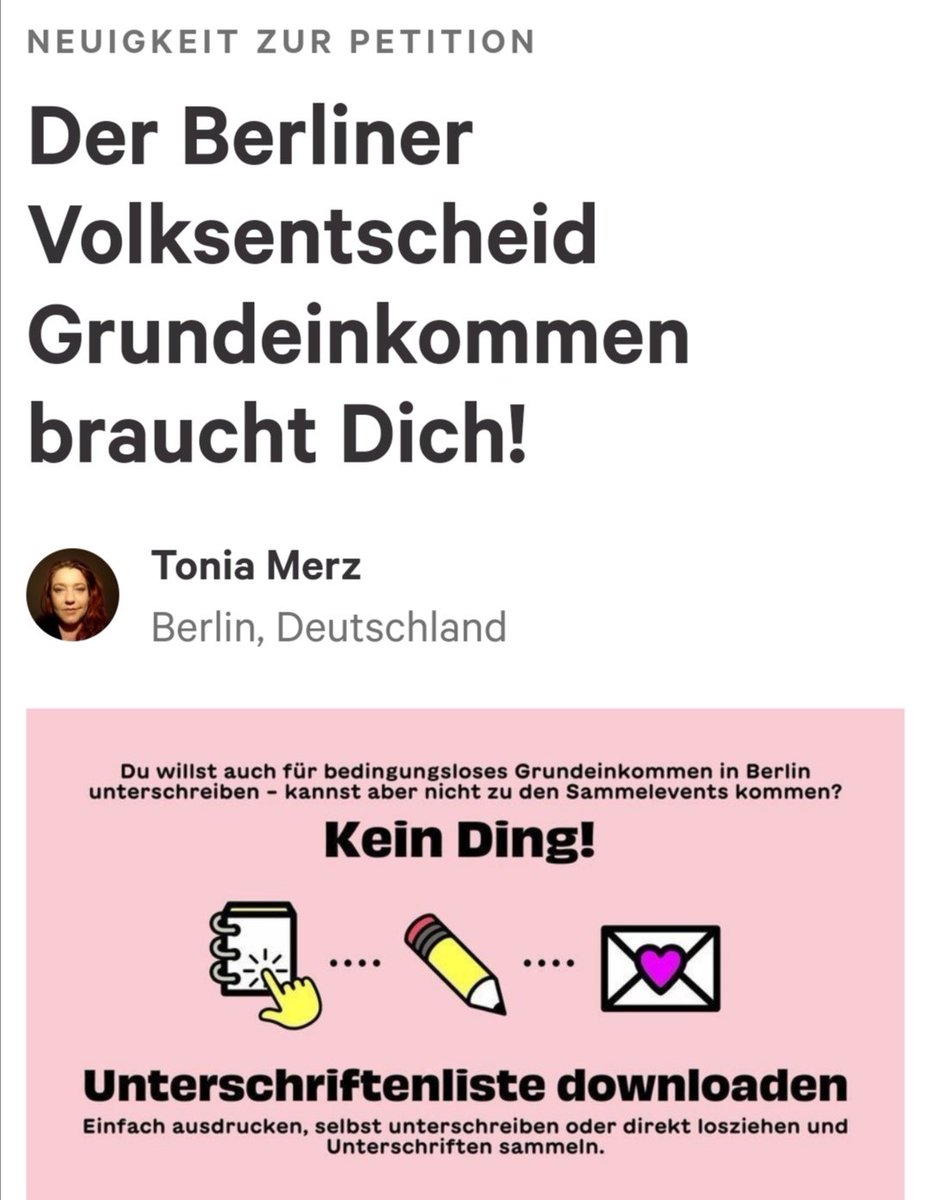Für die <a href="/expeditionbge/">Hamburg testet Grundeinkommen</a> schreibt <a href="/MerzTonia/">Tonia Merz</a> an die 496.808 Mitzeichnenden ihrer #BGE-Petition: "Wenn jede:r von Euch Berliner:innen in meinem Newsletter 1-15 Unterschriften einreichen würde, rückt das Ziel ganz fix in greifbare Nähe. Jede wird gebraucht." change.org/p/finanzminist…