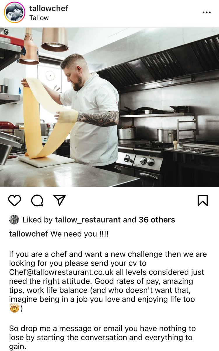 Please RT: CHEFS! Amazing opportunity to work at <a href="/tallow_tw/">Tallow restaurant</a> (award-winning, highly acclaimed by <a href="/gracedent/">Grace Dent</a>… and me!) Message him on Instagram.