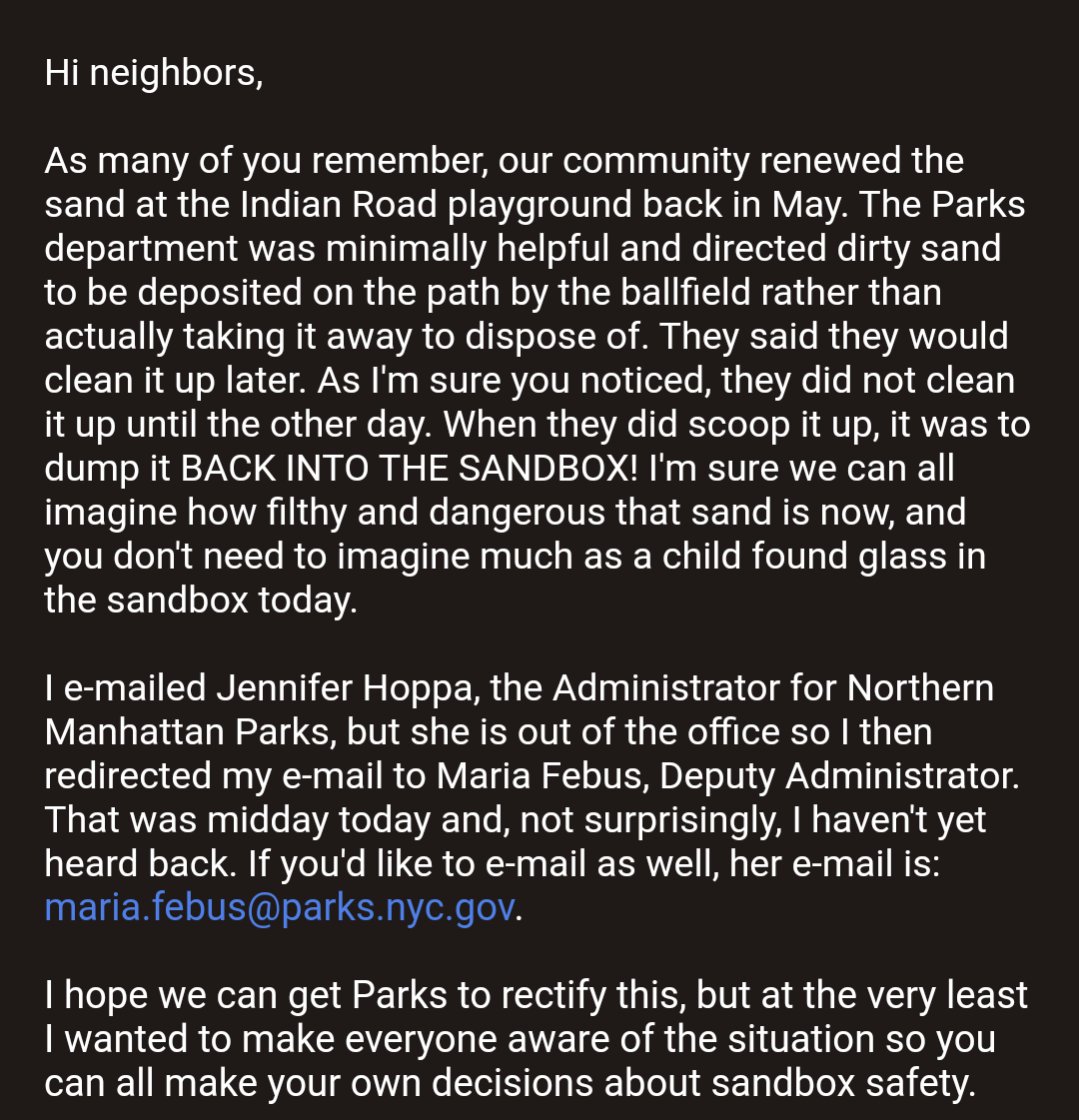 RCohn1's tweet photo. @CnDelarosa this is infuriating - a group of parents spent a whole day cleaning working on this and buying new sand for Indian road playground. https://t.co/jDUaQhBftj