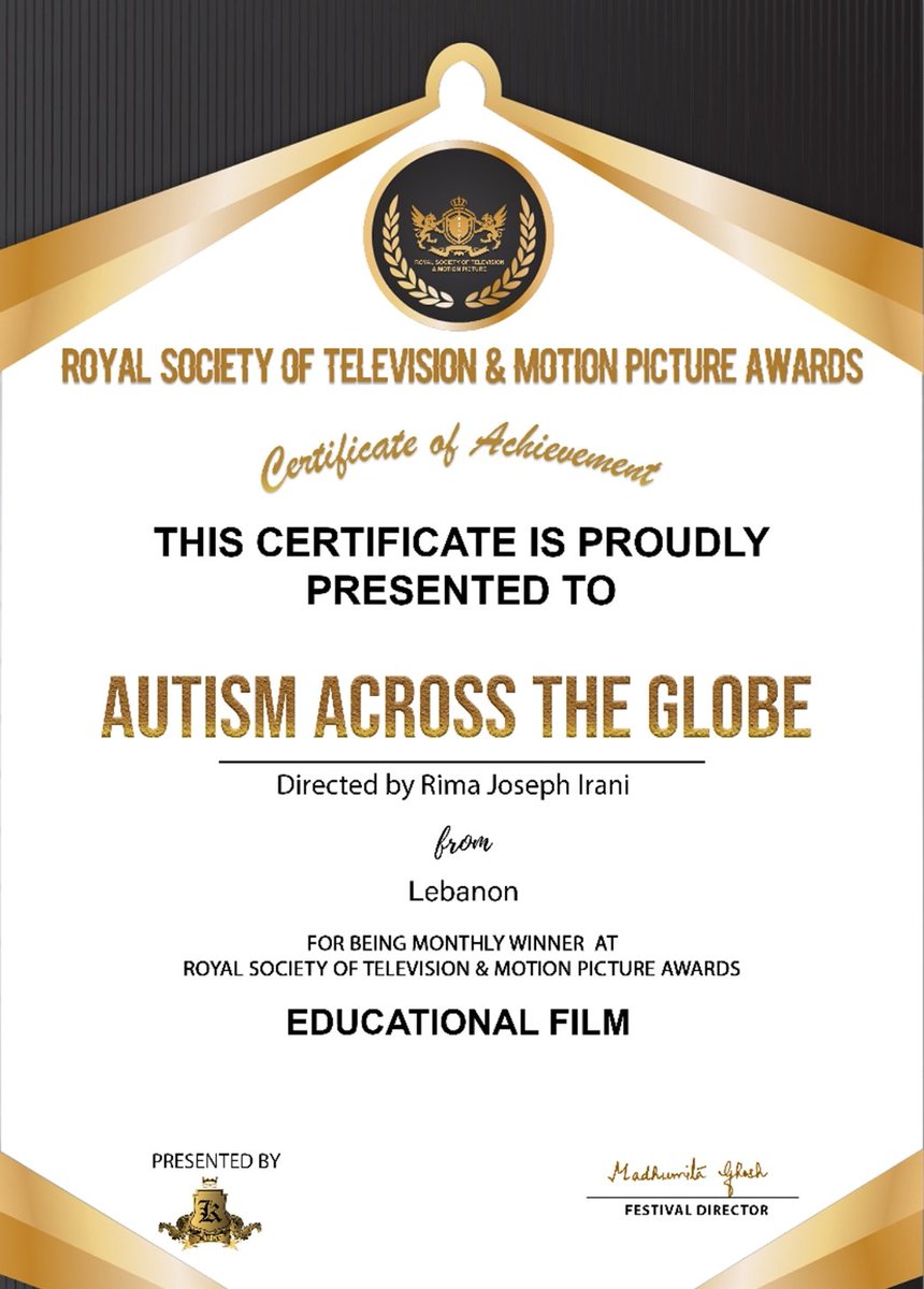 RimaIrani's tweet photo. It is an unmatched pride to a filmmaker to be rewarded several times from one of the most ancient civilized worlds "India".Many thanks to "Royal Society of Television &amp; Motion Picture Awards", Kolkata for the award granted to "AUTISM ACROSS THE GLOBE" as "Best Educational Film". https://t.co/ebAjHZOjl0
