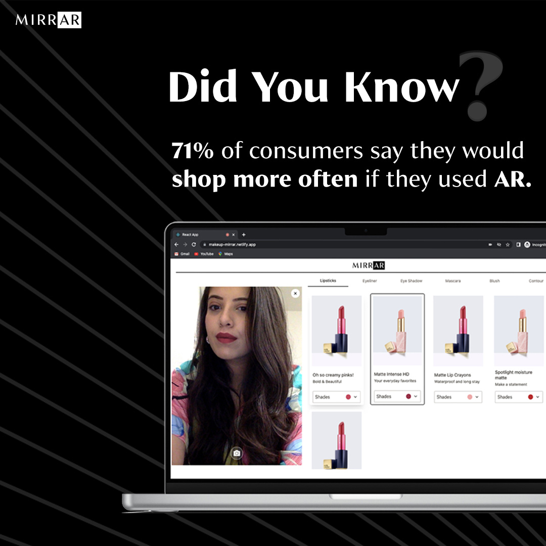 trymirrar's tweet photo. As #AR becomes an integral part of the #online purchasing process, consumers are getting comfortable using #virtualtryon #technology to make confident purchases online.

#mirrAR #AugmentedReality #TryBeforeYouBuy #Tech #Immersive #Retail #Future #OnlineShopping #Beauty #Makeup https://t.co/lh2Zmld1xa
