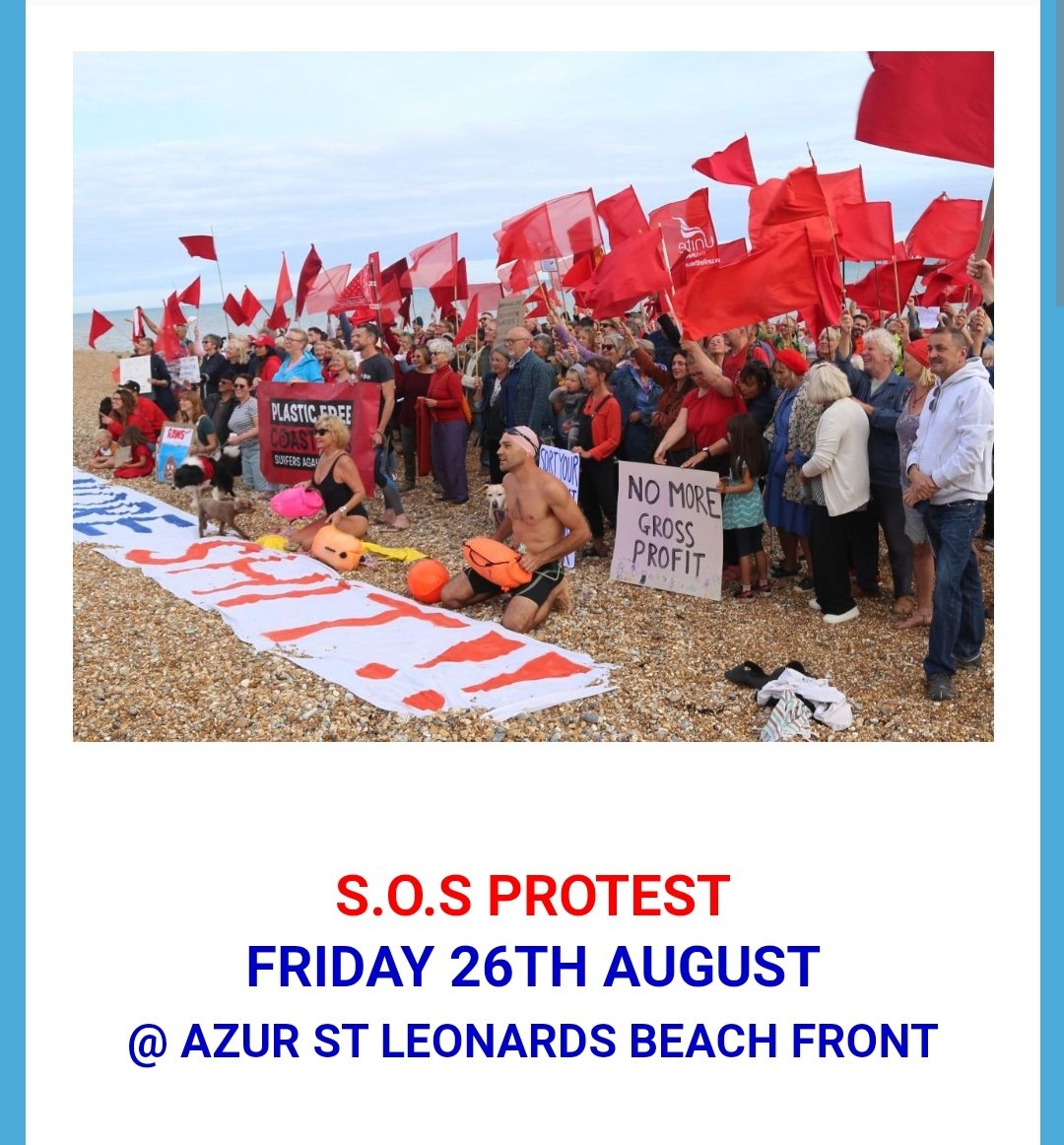 CleanWaterActGp's tweet photo. Join our protest tomorrow! Bring your flags &amp; placards!🚩
📣Fri 26 Aug
📣12:00 @Azurbythesea 
https://t.co/0AOInKbDnJ
#endsewagepollution #EnoughIsEnough #southernwater #torysewageparty #sameoldshit https://t.co/h4G0RdfhCi