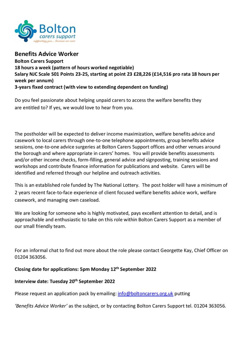 boltoncarers's tweet photo. We're recruiting !!!!!!
Join our @boltoncarers friendly team as a Welfare Benefits Worker, to make a real difference to the lives of unpaid carers in Bolton.
#ConnectedAndInformed  @TNLComFund https://t.co/2ER5olmpyQ