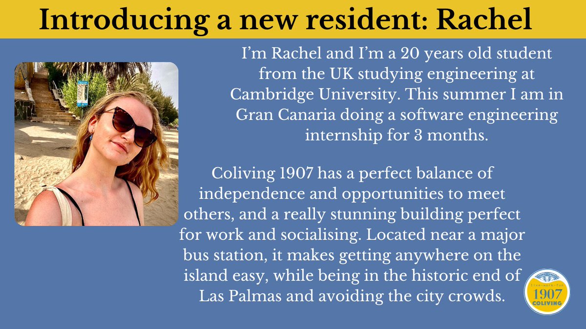 Coliving1907's tweet photo. 👋 Introducing a new resident - Rachel

This summer three students who have come to Gran Canaria to do their internships have stayed at the coliving.

Here we present one of them: Rachel. Do you want to know more about her? 👇👇 https://t.co/4pOcZ23qbr