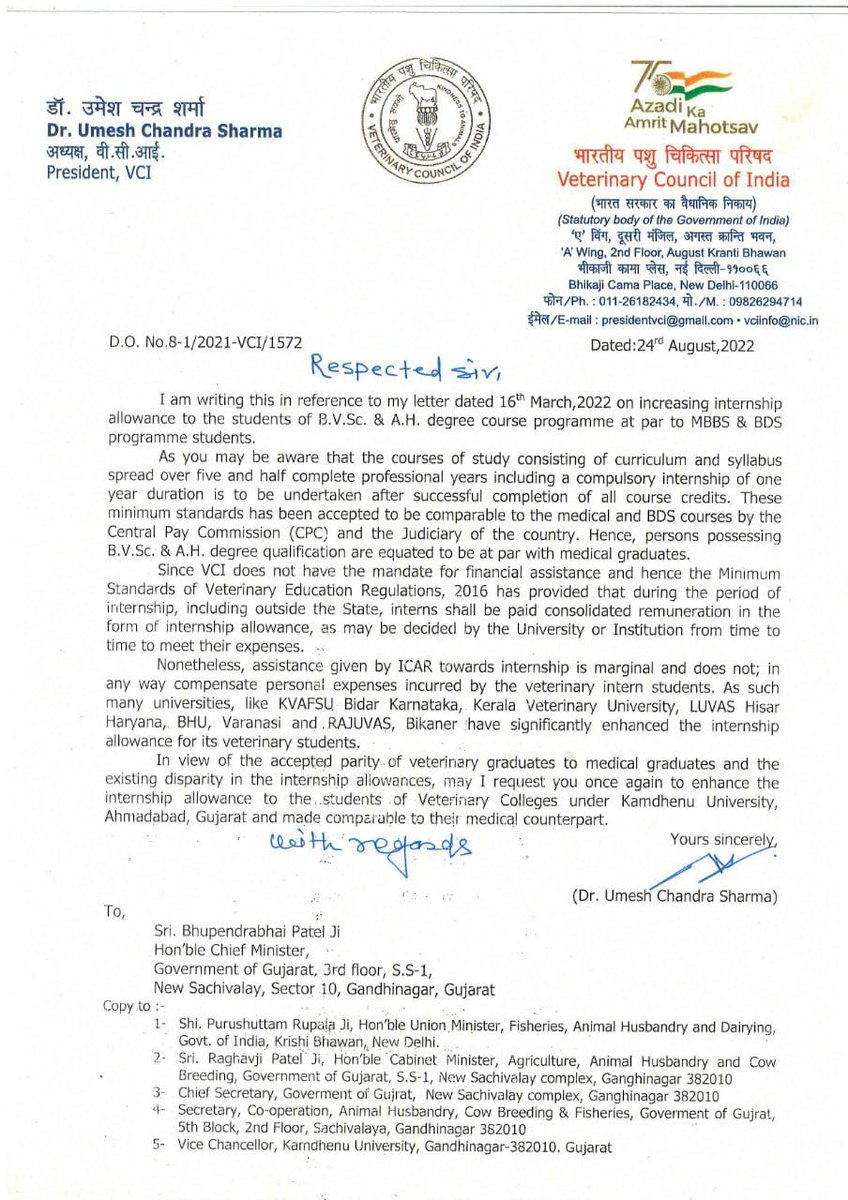 Thq <a href="/presidentVCI/">Dr. Umesh C Sharma</a> Sir... For supporting Gujarat vets...
 Now <a href="/CMOGuj/">CMO Gujarat</a> have to listen to our demands... And increase our stipend allowance as parwith medico interns... 
#Increase_Guj_Vet_Stipend
<a href="/Bhupendrapbjp/">Bhupendra Patel</a> 
<a href="/KanuDesai180/">Kanu Desai</a> 
<a href="/PRupala/">Parshottam Rupala</a> 
<a href="/PMOIndia/">PMO India</a> 
<a href="/ANI/">ANI</a> 
<a href="/ndtv/">NDTV</a> 
<a href="/aajtak/">AajTak</a>