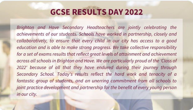 GCConfident's tweet photo. What a fantastically collaborative response to this year's GCSE results from Brighton and Hove Secondary Headteachers. Congratulations everyone! 🎉
#gcses2022 #Classof2022 #brighton #hove https://t.co/f7Ii5pWSQx