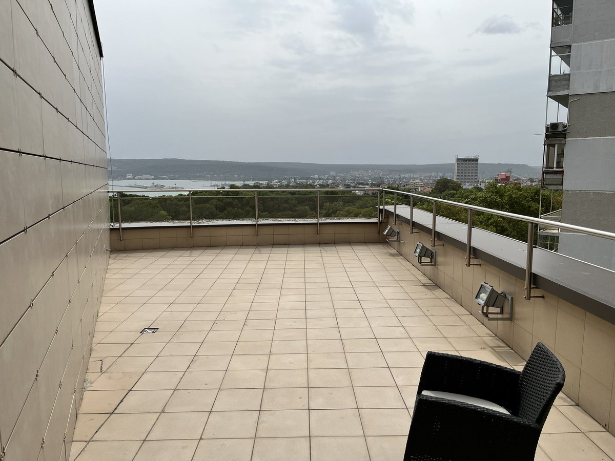 Dimyat Hotel, Varna, Bulgaria. 
Plug by bed, free instant wifi, ok shower, no biscuits, small bed but a roof terrace big enough for a kickabout (but only has one seat)