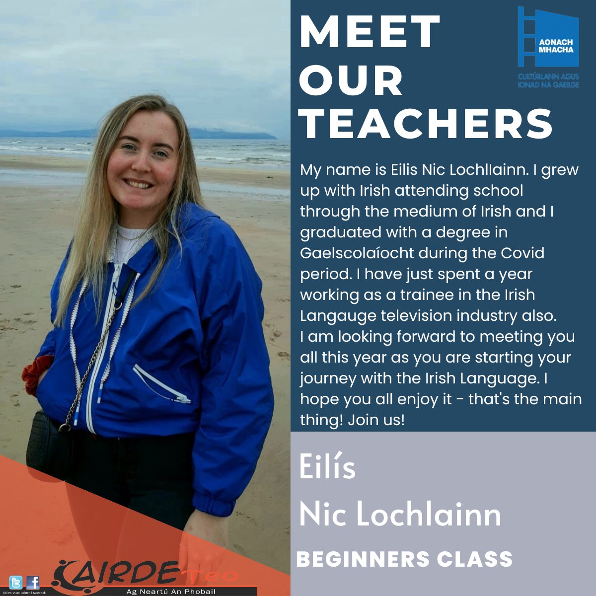 With the classes starting in a couple of weeks time, we would like to introduce you to our teachers! 
First up, Eilís Nic Lochlainn who will be taking our Beginner's Class 😀
Register here now - 
cairdeteo.com/events/autumn-…
<a href="/AMhacha/">Aonach Mhacha</a>