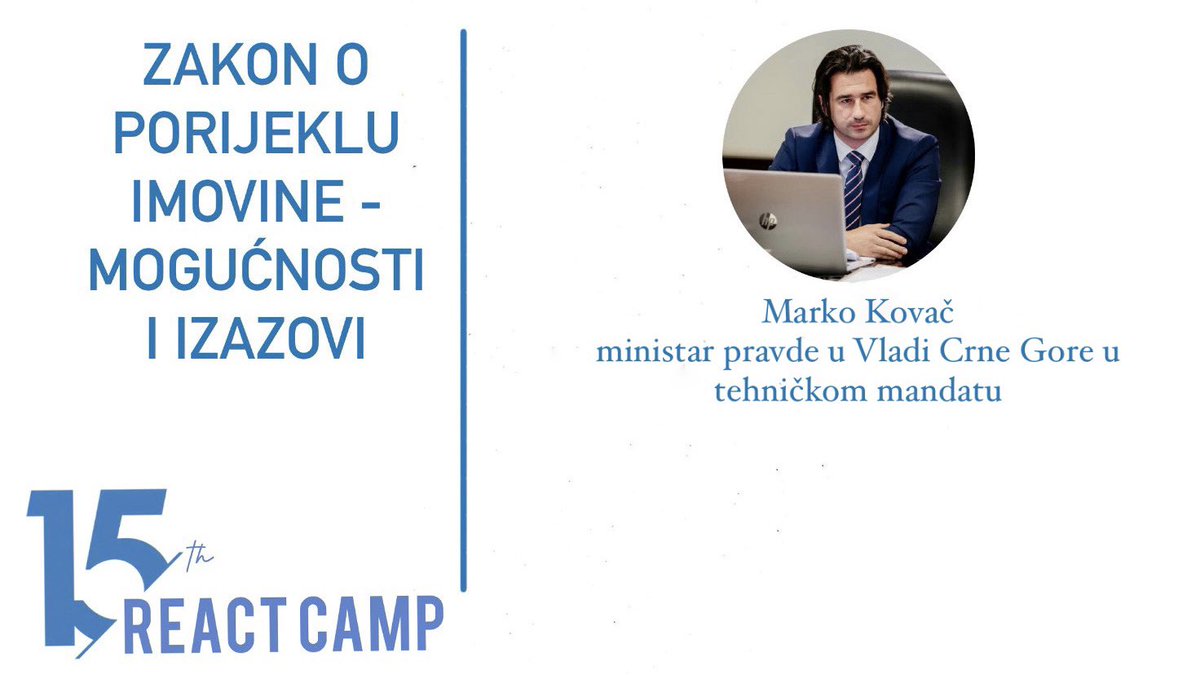 ALFACentarNK's tweet image. 📢 Prvo predavanje na ovogodišnjem REACT-u rezervisano je za ministra pravde u Vladi Crne Gore u tehničkom mandatu, gospodina Marka Kovača.
✅ On će govoriti na temu "Zakon o porijeklu imovine - mogućnosti i izazovi"
⏰05. septembar od 10:15h do 11:00h.
#REACT2022