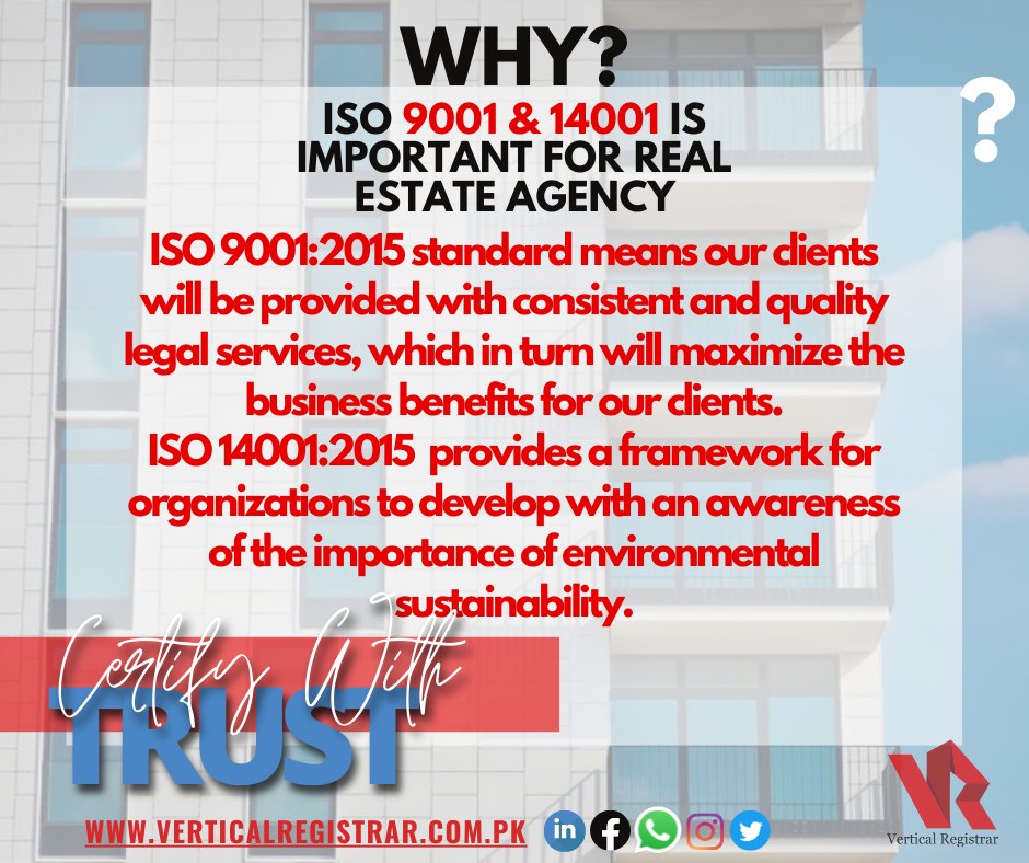 Importance of ISO For Real Estate Industry
.
.
For more details about Management system standards visit our website verticalregistrar.com.pk
Or Contact us at
☎+92 91 57 00 347
📲+92 302 0405550
📧 contact@verticalregistrar.com.pk

#VR #CertificationBody #Audit #ISO #ISO9001