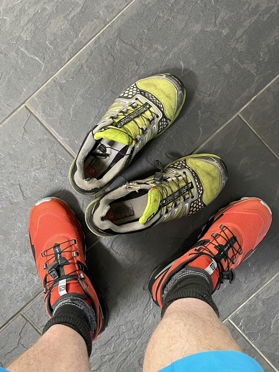 JonRyley's tweet photo. After close to a 1000 miles I’m retiring my @SalomonSports cross max 2s in favour of Salomon wings sky. 
Great service, but running out of tread now 
#10000mileschallenge #mountainrescue #patterdaleMRT https://t.co/rp6ipGPtpv