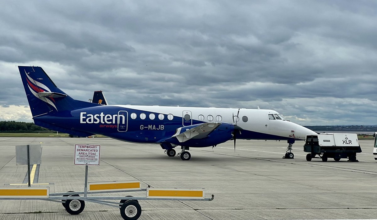 JetBackInTime's tweet photo. Moody skies surround @EasternAirways Jetstream 41 (G-MAJB) @LPL_Airport yesterday. 
The aircraft was built 1994 and had previously served with Manx Airlines and British Airways, before joining Eastern in July 2003.

📸: Lee Cross

#easternairways #liverpoolairport #jetstream41 https://t.co/vLdOps2t0P