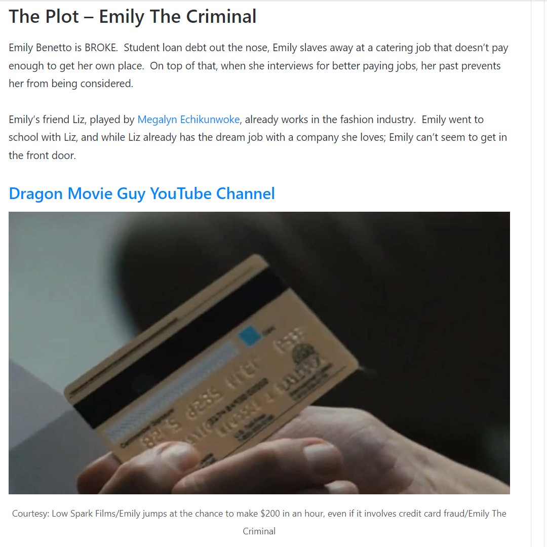 dragonmovieguy's tweet photo. Check out my #EmilyTheCriminal #moviereview out on #ReviewNation.
Stars #AubreyPlaza #TheoRossi #MegalynEchikunwoke #GinaGerhson in the #IndieMovie about #StudentLoan #Debt amongst #Millennials. https://t.co/1VBVnV3NC2