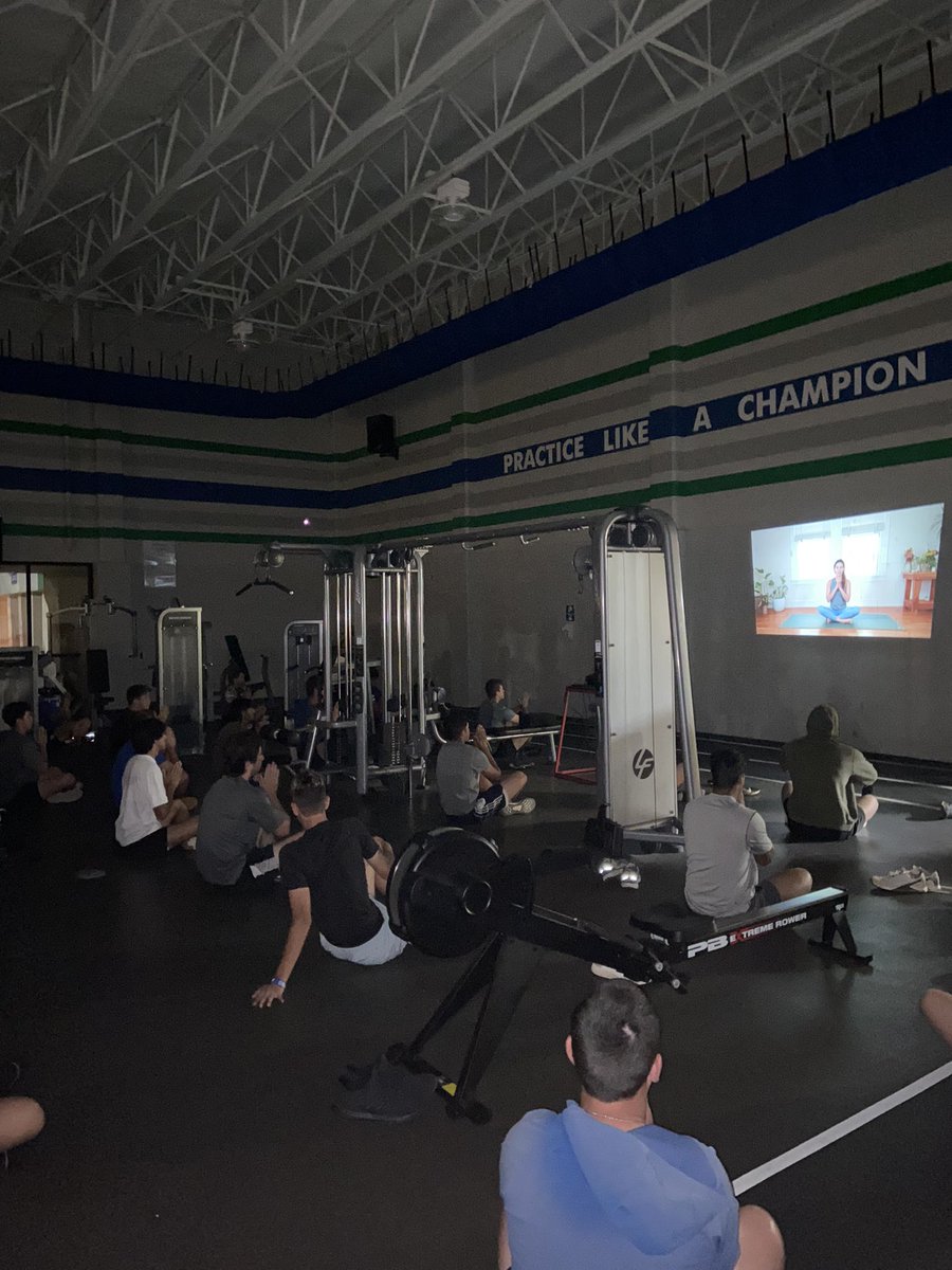 JDbaseball0023's tweet photo. Introducing Yoga Thursday to the freshman! @yogawithadriene #movementovermaxes https://t.co/O209Zij0NX