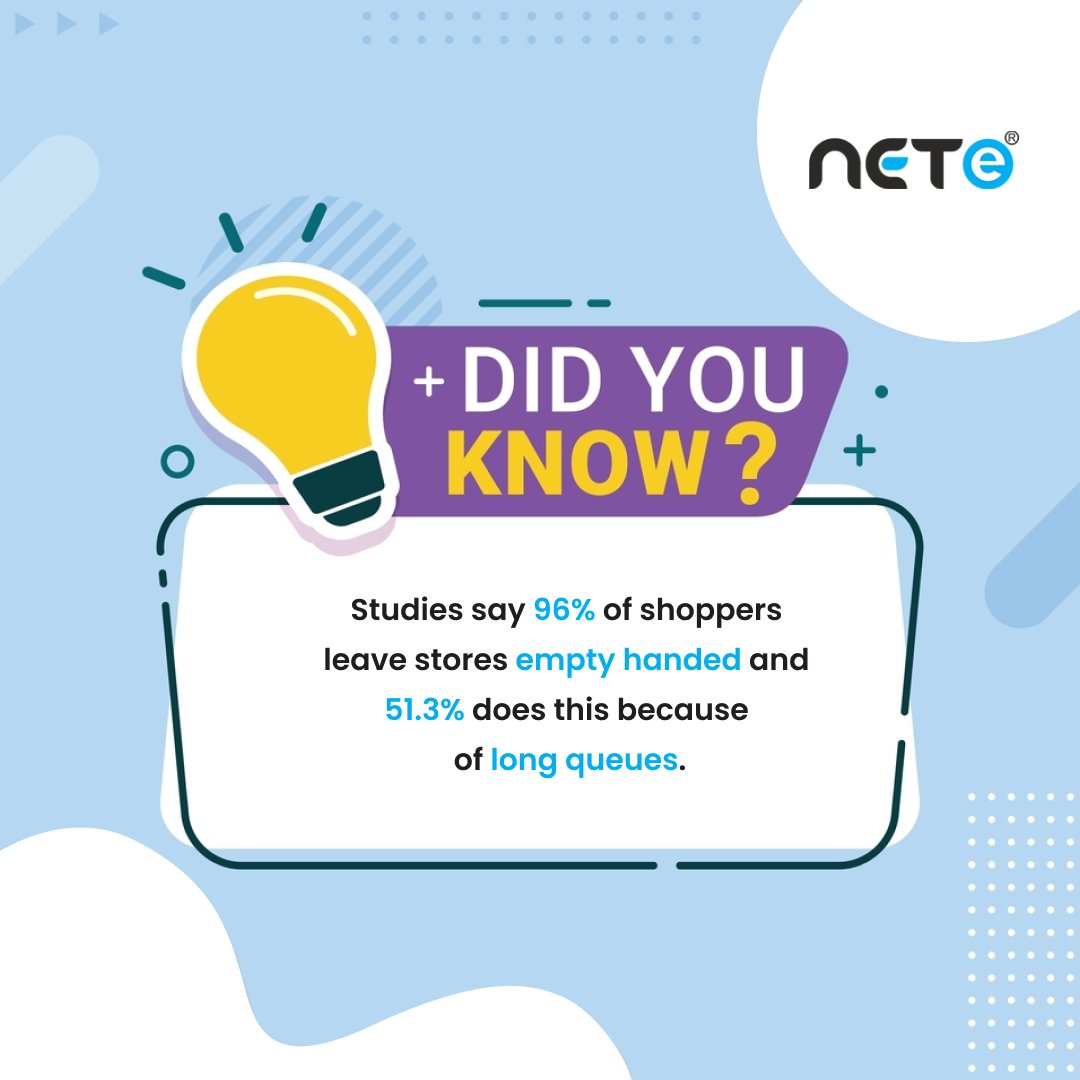 NeteIndia's tweet photo. Did you know?

Studies say 96% of shoppers leave stores empty-handed and 51.3% do this because of long queues.

#queuemanagement #queuemanagementsolution #decreasewaittime #smartsolution #neteindia https://t.co/9FANysFE7w