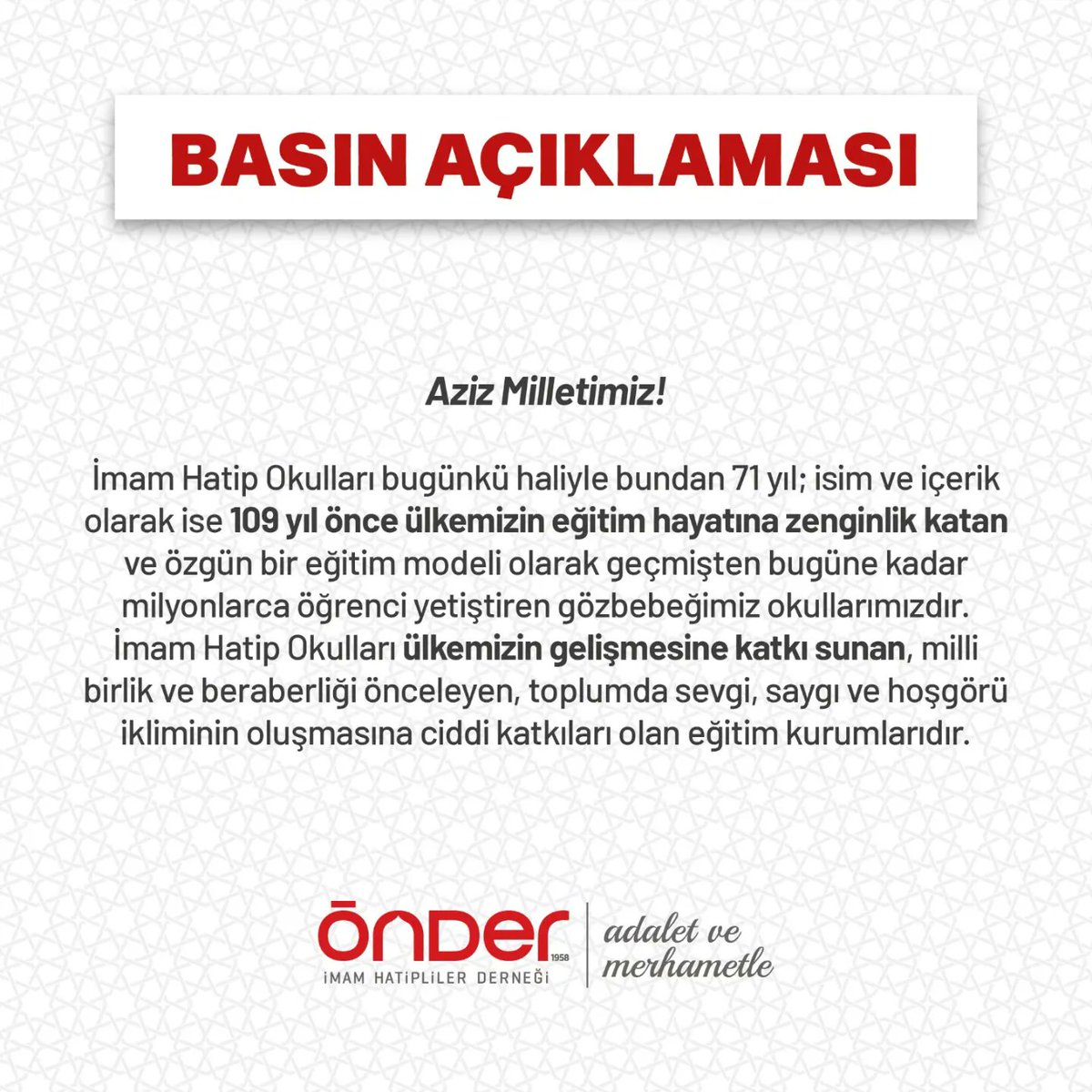 onderihl's tweet photo. ÖNDER İmam Hatipliler Derneği mensupları olarak bugün tüm illerimizde bu açıklamayı sizlerle paylaşıyoruz. Ardından Cumhuriyet Savcılıklarına söz konusu şahıs hakkında hukuki işlem yapılması için suç duyurusunda bulunacak, şikayetçi olacağız.

#İmamHatipNesli https://t.co/HEAnucqNyB