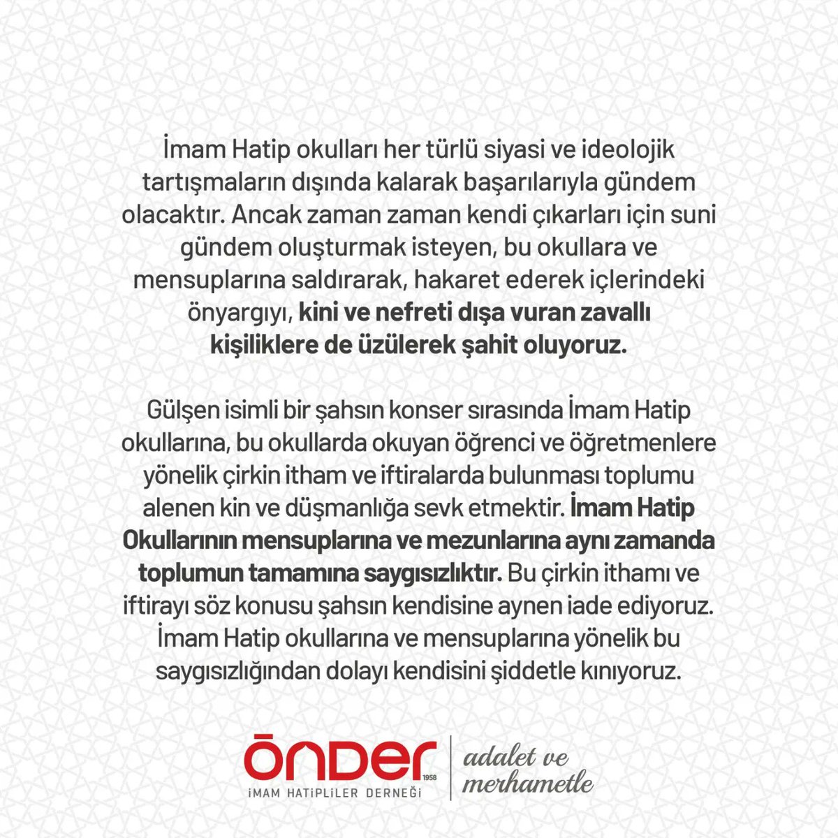 onderihl's tweet photo. ÖNDER İmam Hatipliler Derneği mensupları olarak bugün tüm illerimizde bu açıklamayı sizlerle paylaşıyoruz. Ardından Cumhuriyet Savcılıklarına söz konusu şahıs hakkında hukuki işlem yapılması için suç duyurusunda bulunacak, şikayetçi olacağız.

#İmamHatipNesli https://t.co/HEAnucqNyB