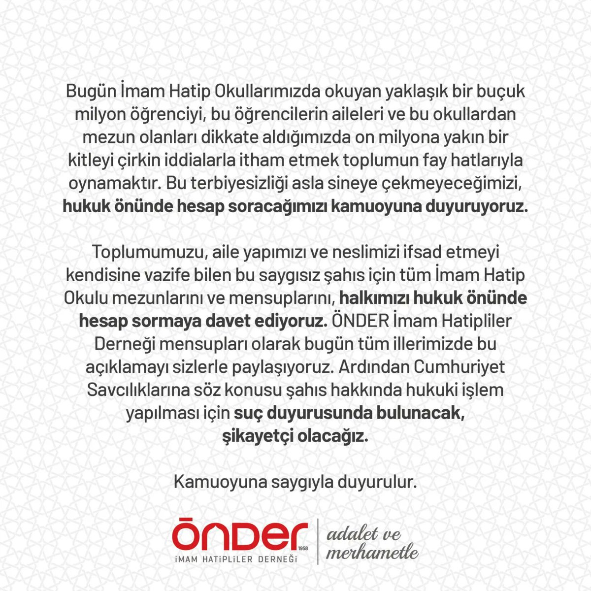 onderihl's tweet photo. ÖNDER İmam Hatipliler Derneği mensupları olarak bugün tüm illerimizde bu açıklamayı sizlerle paylaşıyoruz. Ardından Cumhuriyet Savcılıklarına söz konusu şahıs hakkında hukuki işlem yapılması için suç duyurusunda bulunacak, şikayetçi olacağız.

#İmamHatipNesli https://t.co/HEAnucqNyB