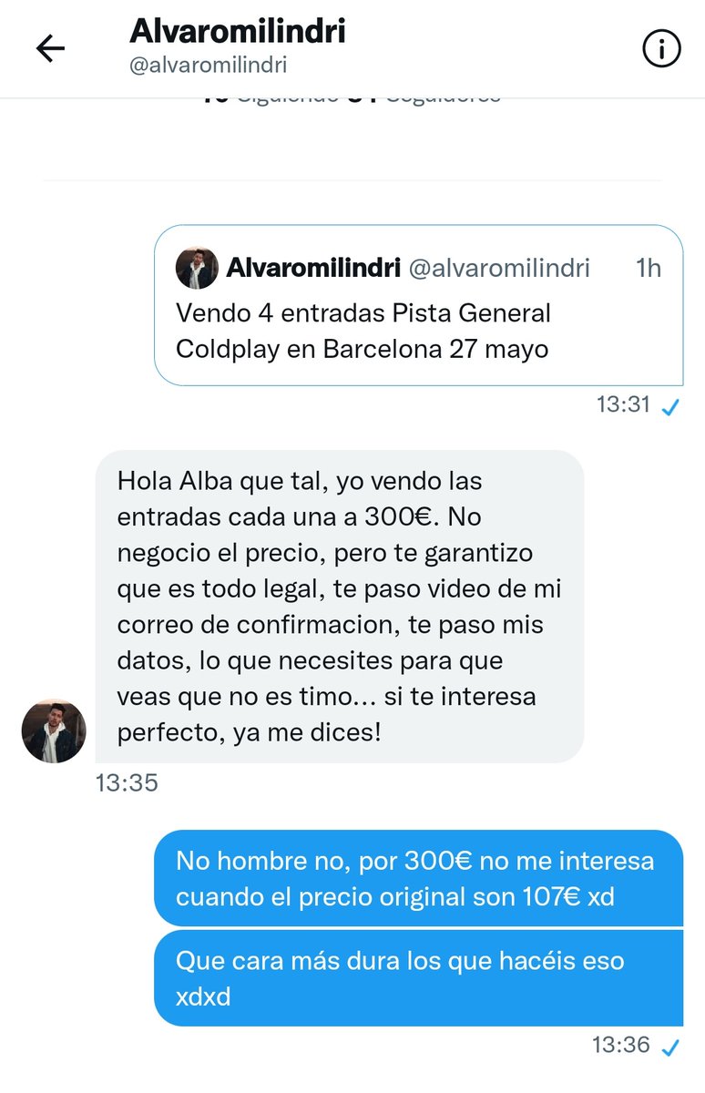albaSego99's tweet photo. La gente que compra las entradas para revenderlas al segundo 3 veces más caras? Que rabia que nos quedemos sin ir al concierto personas que sí estamos interesados en su música por los gilipollas de turno que solo se quieren lucrar con ello #ColdplayBarcelona #Ticketmaster https://t.co/YSSjueXRJV