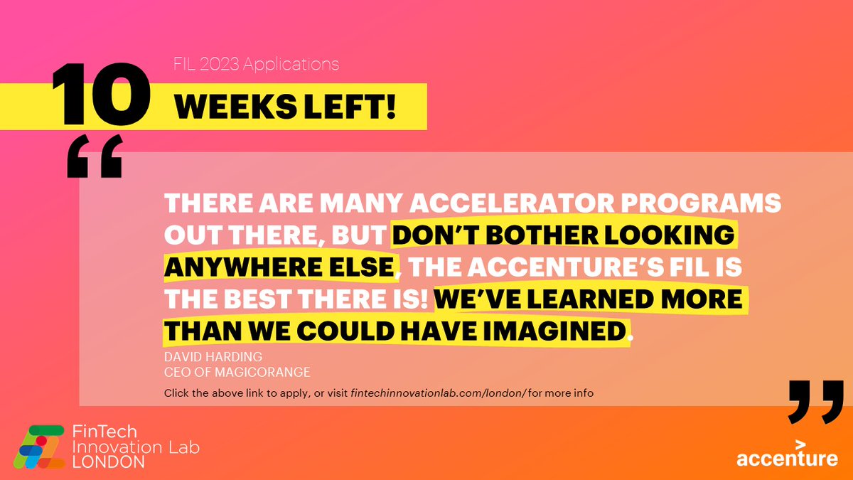 FinTechLabLDN's tweet image. 📯 Applications for FIL 2023 are now open! 📯
David Harding, CEO of Magic Orange said they "learnt more than we could have imagined" from the FinTech Innovation Lab
🗝️ Are you looking to learn how to work with top FIs? Apply now: f6s.com/fintech-innova…