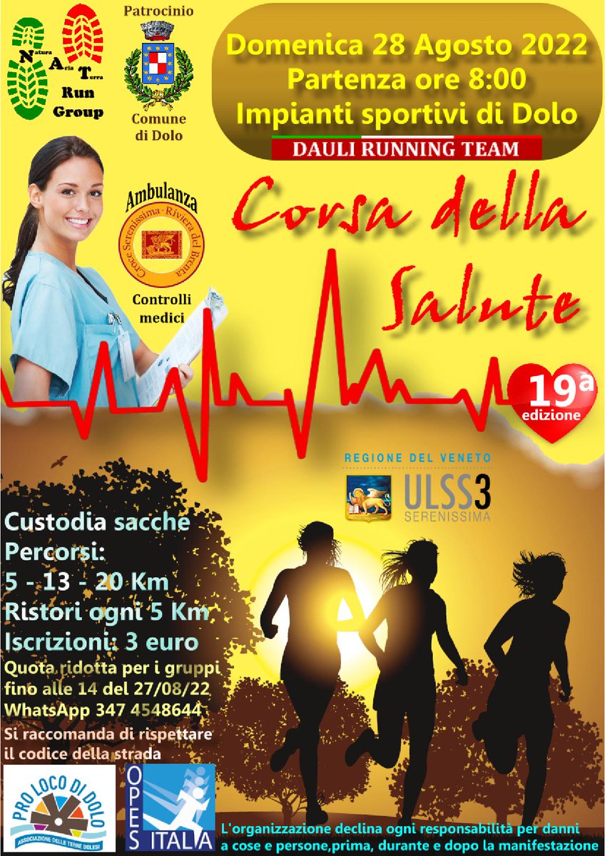ComuneDolo's tweet photo. Domenica 28 agosto 13^ edizione della #Corsadellasalute2022

Partenza alle ore 8.00 dalla zona degli impianti sportivi di #Dolo https://t.co/6LUVVE95wO