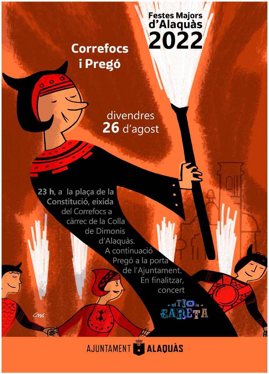 🔊 FESTES MAJORS ALAQUÀS 2022
🗓️Divendres 26 agost.
23 h CORREFOCS a càrrec de la Colla de Dimonis d’Alaquàs. Eixida: Carrer Francisco Forment

A continuació, PREGÓ des de l’Ajuntament.

👉🏻En finalitzar, <a href="/ElTioLaCaretA/">El tio la careta (ETLC)</a> en concert 🎶

#FestesALQ22
#lesmillorsfestes
#HemTornat