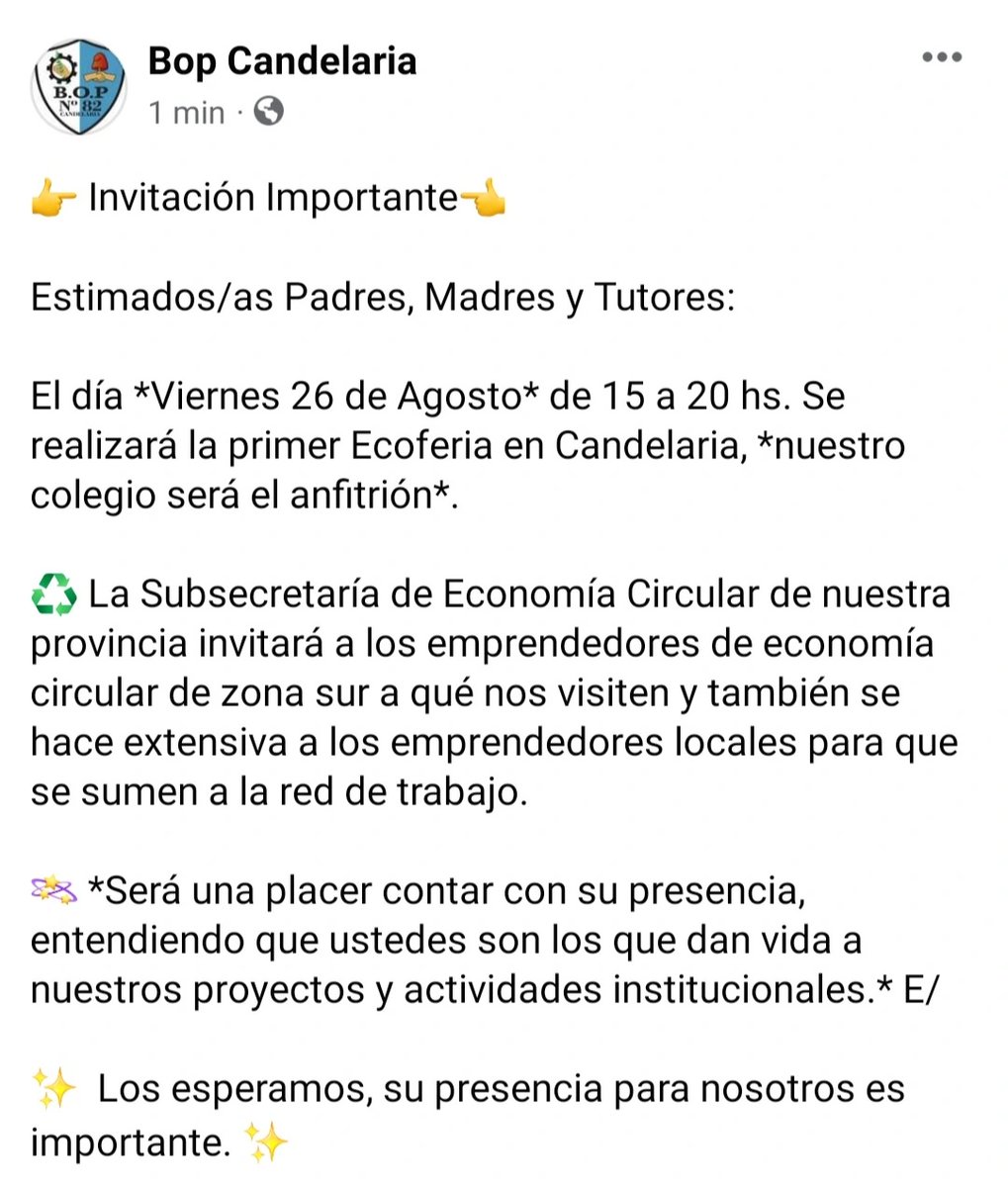 bop_82's tweet photo. ♻️ Este Viernes 26 de Agosto se realizará la primer Ecoferia de Candelaria de 15 a 20 hs, en nuestro colegio. 
@CCMisiones  @linares_cielo @misioneseduca @TerritorioD @primeraedicionw @CGEMisiones @jalbertogalarza https://t.co/HTGjIxsXmI