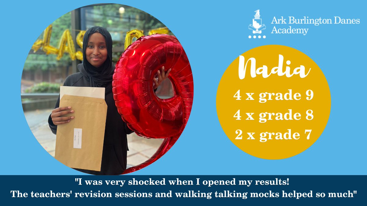 ArkBDA's tweet photo. Phenomenal results from Nadia!! See you back at Sixth Form in September for your A Levels in Maths, Chemistry and Biology. We're so proud of you. https://t.co/S8e2fFwP9B