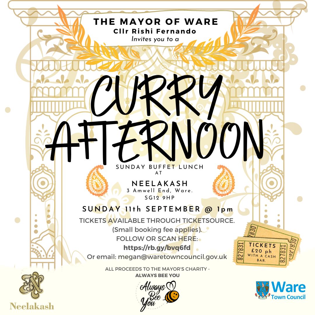 Join the Mayor of Ware, Cllr Rishi Fernando for a Sunday Buffet lunch at Neelakash Restaurant in Ware. 
All proceeds go to the Mayor's charity @AlwaysBeeYouCIC. Tickets here👉rb.gy/bvq6fd (small booking fee applies), or contact: megan@waretowncouncil.gov.uk