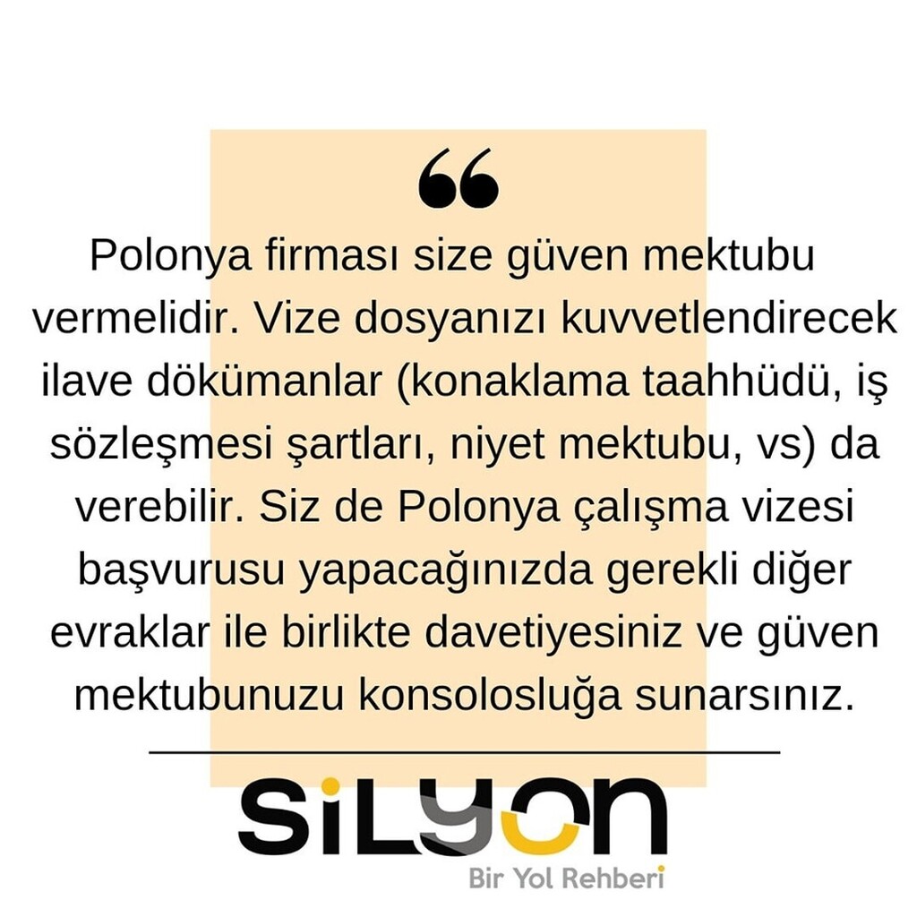 "Polonya firması size  güven mektubu da vermelidir. Vize dosyanızı kuvvetlendirecek ilave dökümanlar (konaklama taahhüdü, iş sözleşmesi şartları, niyet mektubu, vs) da verebilir. Siz de Polonya çalışma vizesi başvurusu yapacağınızda gerekli diğer evrakla… instagr.am/p/ChrjSiuK-1J/