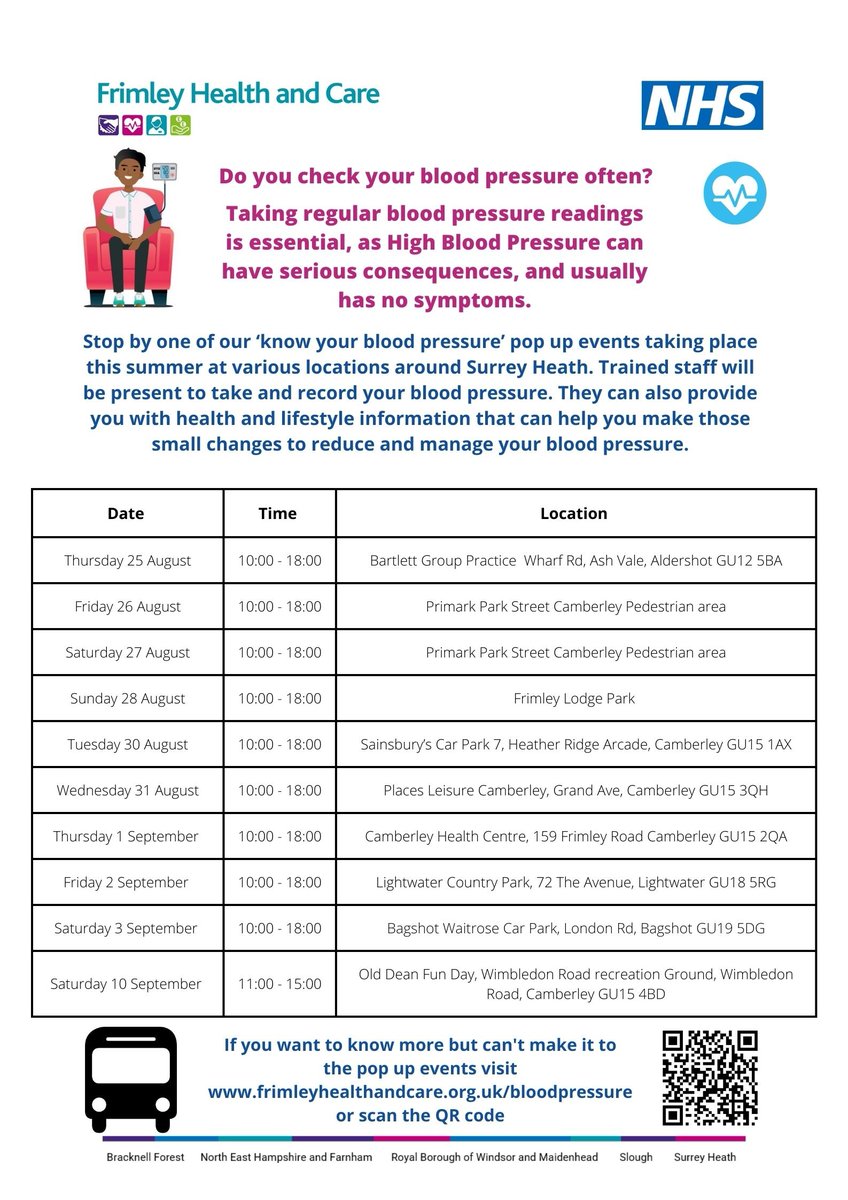 Are you a resident of Surrey Heath? Why not visit one of our ‘know your blood pressure (BP)’ pop up events to have your BP checked for free? For more info visit orlo.uk/9Yd6x Monitoring your BP is easy &amp; taking just five minutes to measure it could save your life.