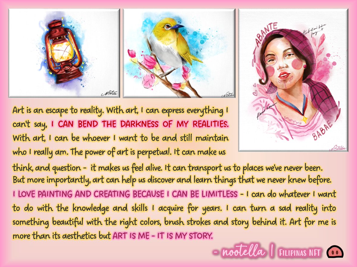 ppt_cutie's tweet photo. "Art for me is more than its aesthetics but ART IS ME - IT IS MY STORY." 

For this week #ArtsDayThursday, let us support our beautiful and lovely lady, @nootellaaaa_  of @FilipinasNFT !!! 💕

🐷🐷🐷 

#digitalart #nftart #PowerpointNFT #PPTart #NFTCommmunity #MamoyCutie https://t.co/yvnnrTRBAK