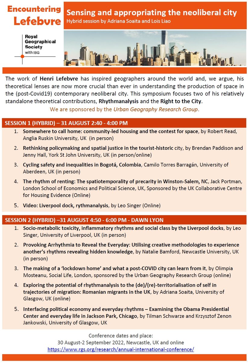 Do you attend <a href="/RGS_IBG/">Royal Geographical Society (with IBG)</a> 2022? Come to our “Encountering Lefebvre: Sensing and appropriating the neoliberal”, symposium,  we have excellent presentations! See our programme (31 August, afternoon). Of interest to <a href="/housingevidence/">CaCHE</a> <a href="/UofGUrbStudies/">Urban Studies & Social Policy</a> @UrbanMattersIUR @UrbanSSAP