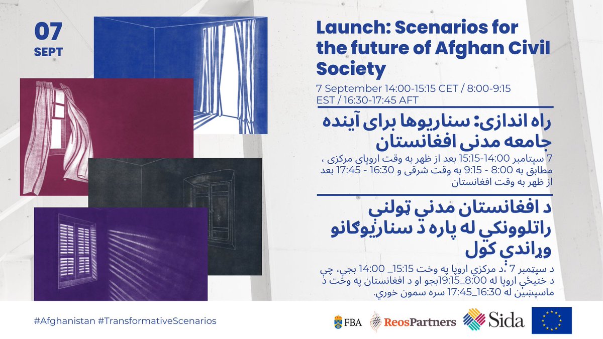 reospartners's tweet photo. What are possible futures for Afghan civil society? What are the drivers, challenges, and opportunities of those futures? Hear from voices that are shaping Afghanistan’s future at the launch webinar on 7 September. Register here: https://t.co/3TY4PrFZJi  

@FBAFolke | @Sida https://t.co/5QhQN69WSE