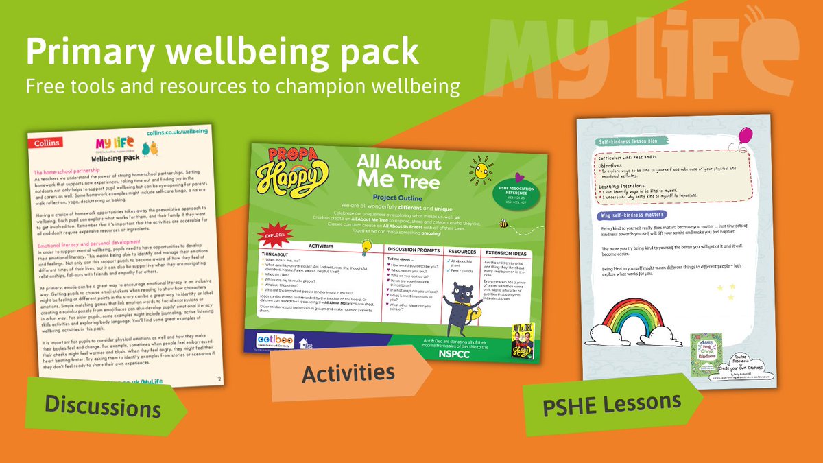 CollinsPrimary's tweet photo. Explore an exciting range of new resources in our popular primary wellbeing pack, including 4 NEW PSHE lesson plans and supporting resources adapted from Ant and Dec's new book #PropaHappy. 

Download your free pack here: https://t.co/PjGVnhuZXv https://t.co/hr40sIxRgn